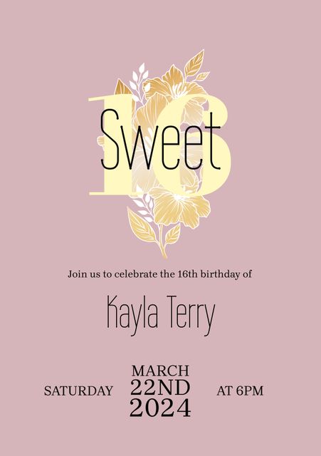 Modern Sweet 16 birthday invitation featuring a floral design in the background with elegant font emphasizing the main elements. Suitable for young teen invites, birthday celebrations, and event announcements. This invitation is perfect for creating a stylish and sophisticated party theme, using it both digitally and for printed versions.