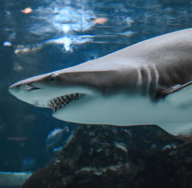 This image shows a close-up view of a shark swimming underwater in an aquarium. It captures the detail of the shark’s features and the surrounding marine environment. Ideal for use in educational materials, marine conservation campaigns, or websites related to ocean life and aquariums. Can also be used in designs to evoke a sense of adventure or the beauty of marine ecosystems.