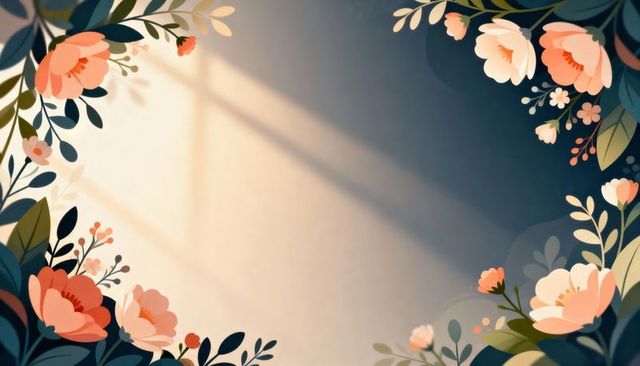 Peach-pink floral corner frame with sunlight rays and pastel gradient backdrop minimalist