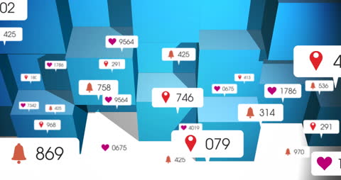 Animation shows an array of social media icons like likes, comments, and location alerts floating across 3D blue cubes, representing the dynamic flow of digital engagement and communication in a modern society. Ideal for use in presentations, articles on social media trends, online interactivity, and business technology concepts.