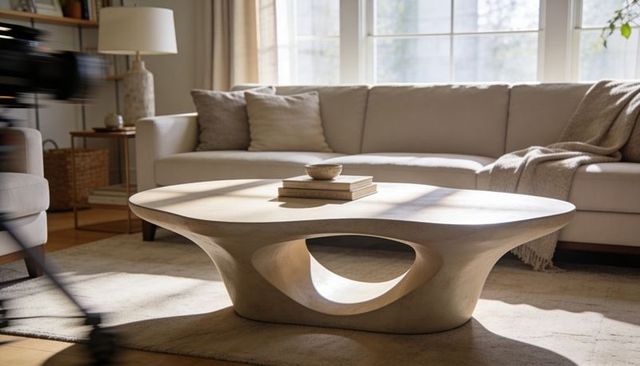 Sculpted oval wooden coffee table sunlit neutral living room with modern sofa
