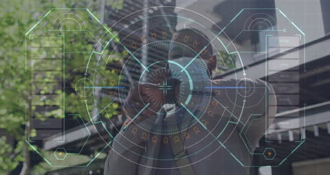 Futuristic Interface with Man Using Smartphone Outdoors