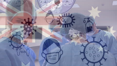 Australian Flag Overlay with Surgeons Amidst COVID-19 Symbols