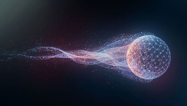 Futuristic wireframe sphere with multicolored particle wave