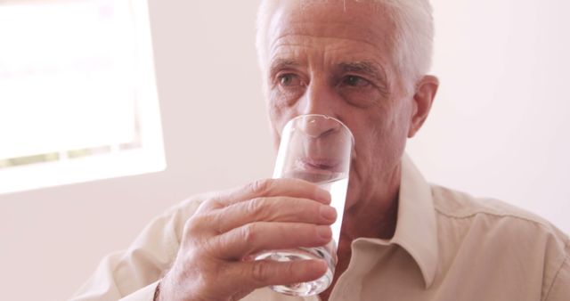 A senior man drinks water from a glass at home. The image is perfect for use in health and wellness articles, hydration promotion, senior lifestyle blogs, and topics related to elderly care and wellbeing.