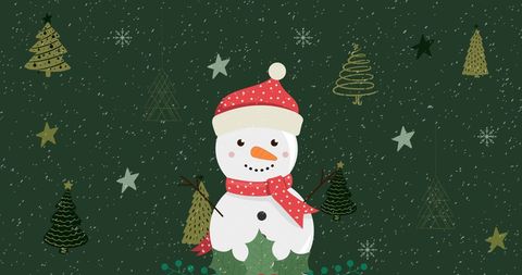 Festive Cartoon Snowman Amidst Falling Snow and Green Christmas Trees