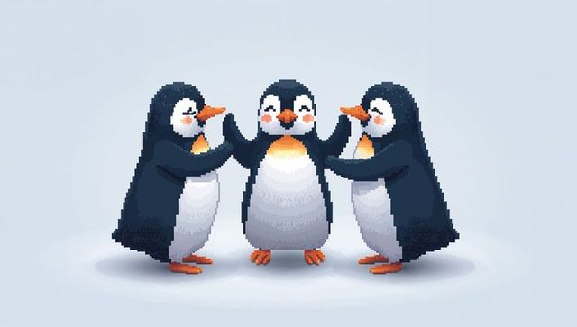 Pixel penguin trio joining flippers celebrating warm friendship