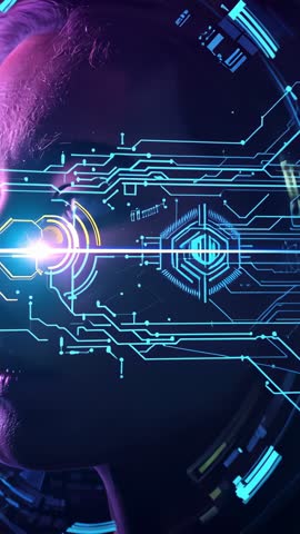 Vertical Cybernetic Eye Scanning Data in Neon Holographic Interface with Bot Sending Beam