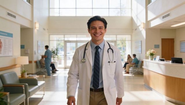 Smiling male doctor walking through bright hospital lobby with white coat and stethoscope