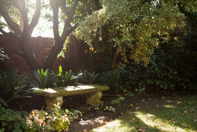 This image depicts an empty stone bench in a sunlit garden, surrounded by lush greenery and trees. The sunlight filters through the foliage, casting shadows on the ground. The scene is tranquil and serene, making it ideal for use in projects related to relaxation, nature, outdoor living, and peaceful retreats. It can be used in gardening blogs, outdoor furniture advertisements, or as a background for inspirational quotes.