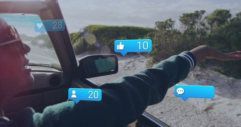 Young Woman Enjoying Coastal Drive in Convertible with Social Media Icons