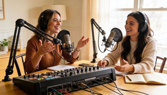 Two women podcast hosts recording lively conversation in cozy home studio with mixer