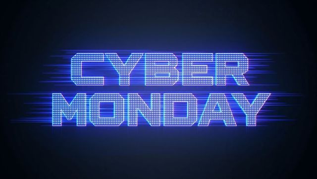 Neon LED Dot-Matrix Cyber Monday Banner Featuring Futuristic Blue-Magenta Glowing Typography
