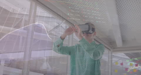 Businessman Utilizes VR Headset for Financial Analysis