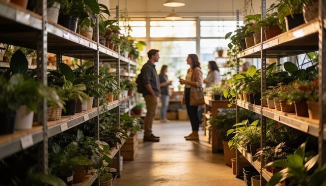 Couple conversing while exchanging plant care tips in bustling retail plant nursery aisle