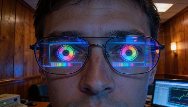 Man wearing metal aviator glasses reflecting color wheel and graph on office monitors