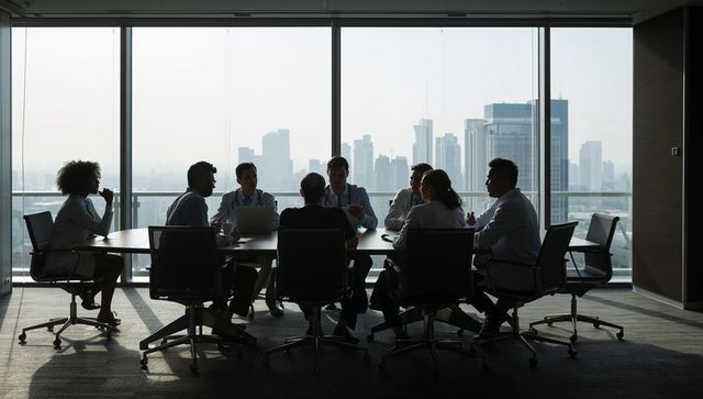 Executive team collaborating around conference table with city skyline backlit silhouettes