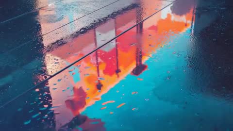 Rippling Rain Puddle Reflecting Neon Building Facade on Tiled Walkway, Cinematic Urban Loop