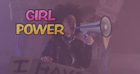 Empowered women shouting for equality with megaphone