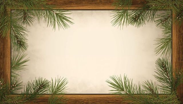 Rustic wooden frame featuring aged parchment and pine sprigs for vintage holiday stationery
