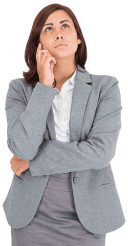 Thoughtful Businesswoman Standing in Gray Suit on Transparent Background