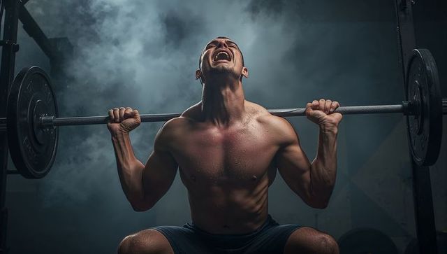 Shirtless Athlete Powering Through Heavy Barbell Back Squat Under Dramatic Spotlight
