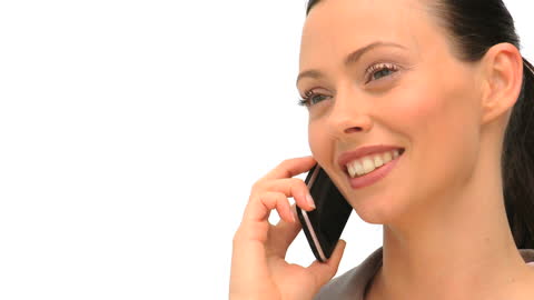 Smiling Woman Talking on Smartphone with White Background