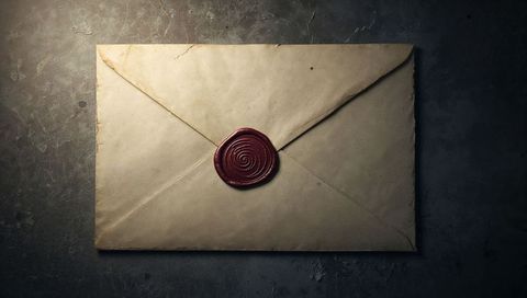 Lying sealed parchment envelope displaying dark red spiral wax seal, moody vintage texture