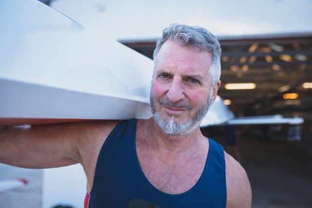Portrait of senior caucasian man from rowing club carrying boat out of boathouse on his shoulder. senior sports hobby, active retirement lifestyle.