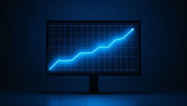 Displaying glowing cyan growth chart on dark monitor, rising data trend and grid