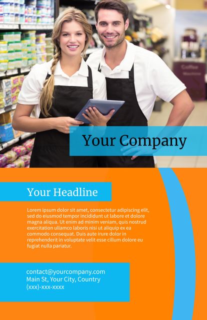 This template features cheerful retail staff in uniform, highlighting exceptional customer service and positivity. Ideal for use in promoting retail businesses, creating marketing flyers, brochures, and posters to attract customers and showcase a welcoming atmosphere. Great for small businesses aiming to advertise their services and establish a professional, approachable brand image.