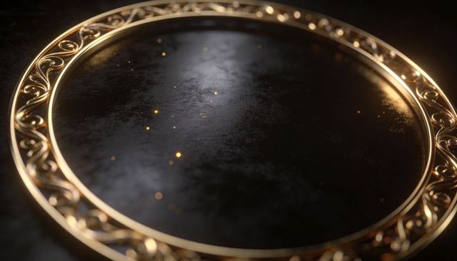 Ornate gold filigree ring featuring sparkling flecks on dark patina surface