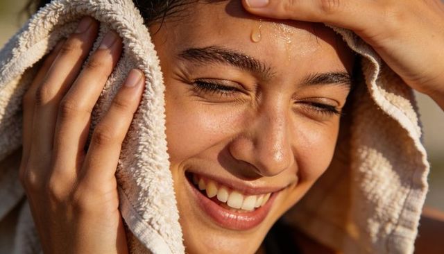 Sunlit smiling woman pressing towel to face with dewy skin and water droplet closeup