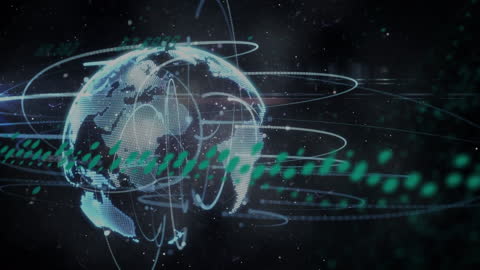 Global Connectivity: Digital Streams Around Spinning Globe