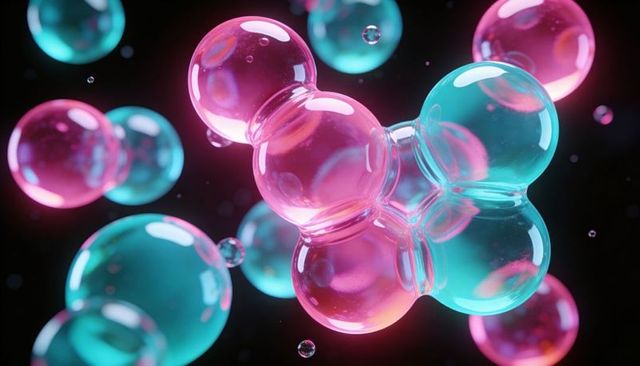 Glowing neon molecular orbs floating in dark void, teal and pink translucent spheres