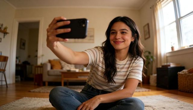 Young woman taking selfie on sunlit living room rug, smiling casual home portrait