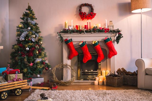 Cozy Christmas Living Room with Tree and Stockings - Download Free Stock Photos Pikwizard.com