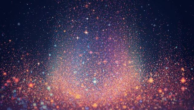 Glittering pixel cascade with neon bokeh and glowing particles forming abstract aurora