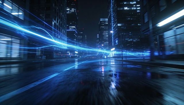 Blue light trails racing through wet downtown street at night futuristic neon cityscape