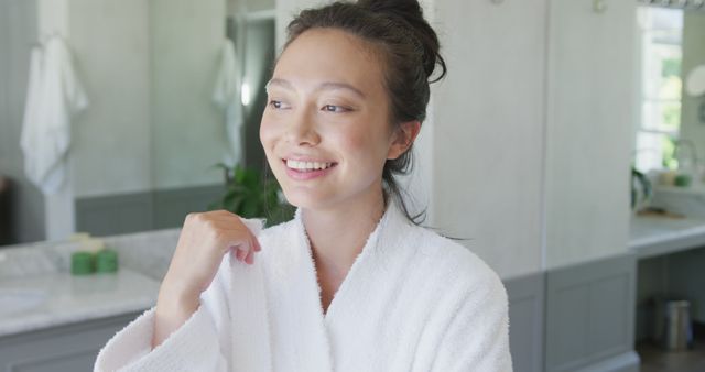 Happy Woman in Bathrobe Enjoying Morning in Modern Bathroom - Download Free Stock Images Pikwizard.com