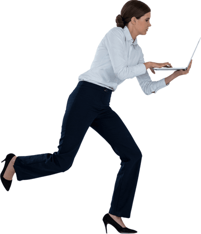 transparent businesswoman running with laptop in white shirt and black trousers - Download Free Stock Videos Pikwizard.com