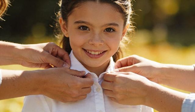 Smiling schoolgirl having white shirt adjusted by caring hands in golden sunlit autumn park