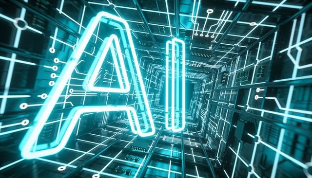 Glowing ai letters floating through neon cyan data tunnel with circuit grid