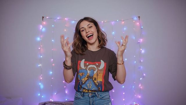 Cheerful Woman Singing with Festive LED Lights in Background