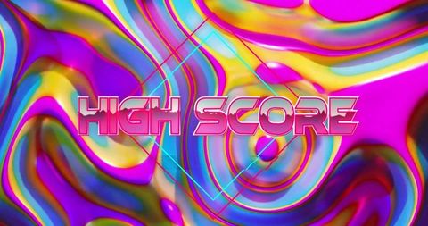 Retro neon high score arcade splash with glossy liquid swirls and diamond frame