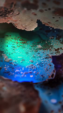 Textured Vertical Macro Video Revealing Iridescent Teal Pool in Peeling Rusted Metal