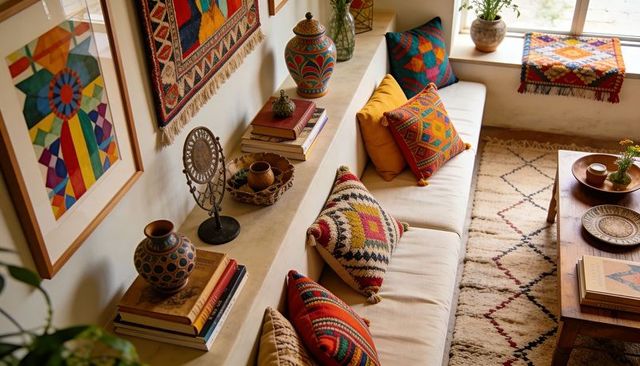 Boho window seat featuring geometric kilim pillows, woven rug and ceramic vases