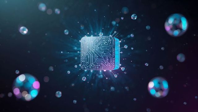 Luminous circuitry cube in futuristic cyber space