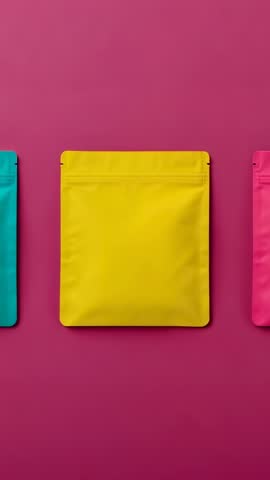 Vertical product video displaying colorful resealable zipper pouches on fuchsia backdrop