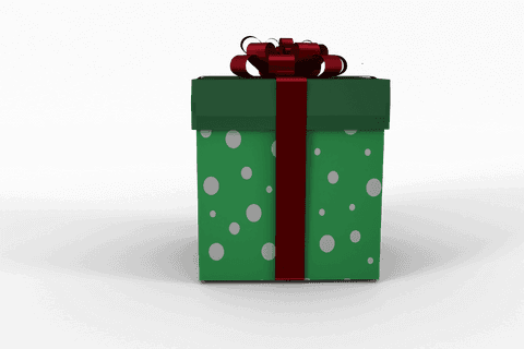 Festive transparent gift box with red ribbon and green wrap